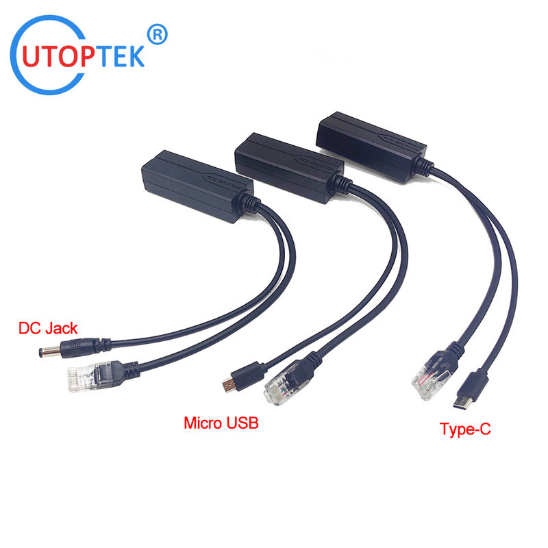 Factory OEM POE Splitter 48V to 12V/5V DC 2.5mm/ Micro-USB/Type-C IEEE802.3af/at for POE switch and IP Cameras/APs